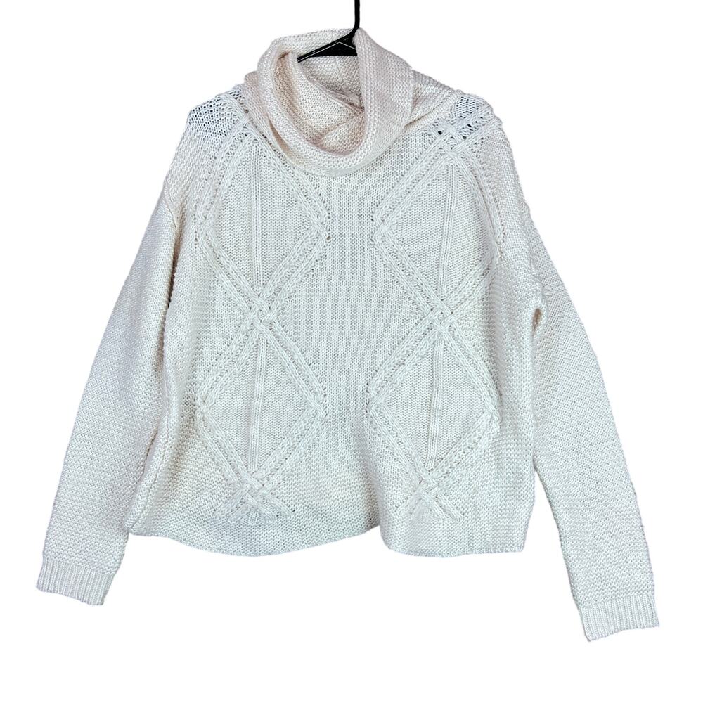 BASS Womens Sweater Ivory Turtleneck Boxy Crisscross Knit Long Sleeve Wool M